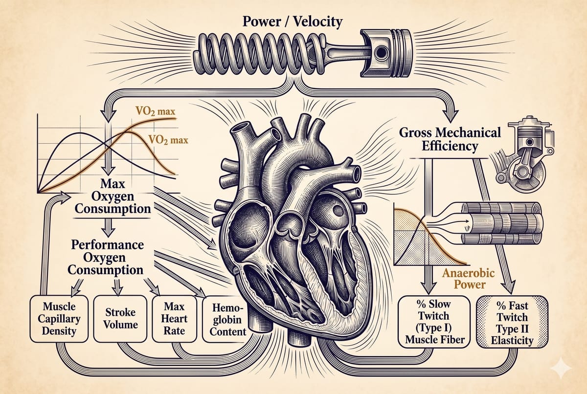 耐力表現三因素示意：VO2max、乳酸閾值與跑步效率的關係