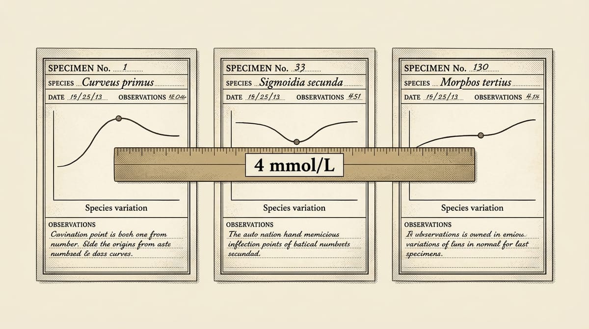 三張個人標本記錄卡與橫跨其上的 4 mmol/L 量尺，顯示固定閾值無法對應個人差異