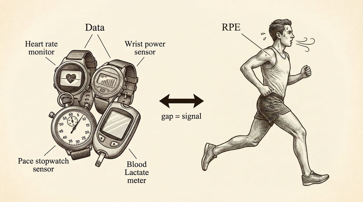 儀器數據（左）與人體感知（RPE，右）之間的 gap = signal 示意圖